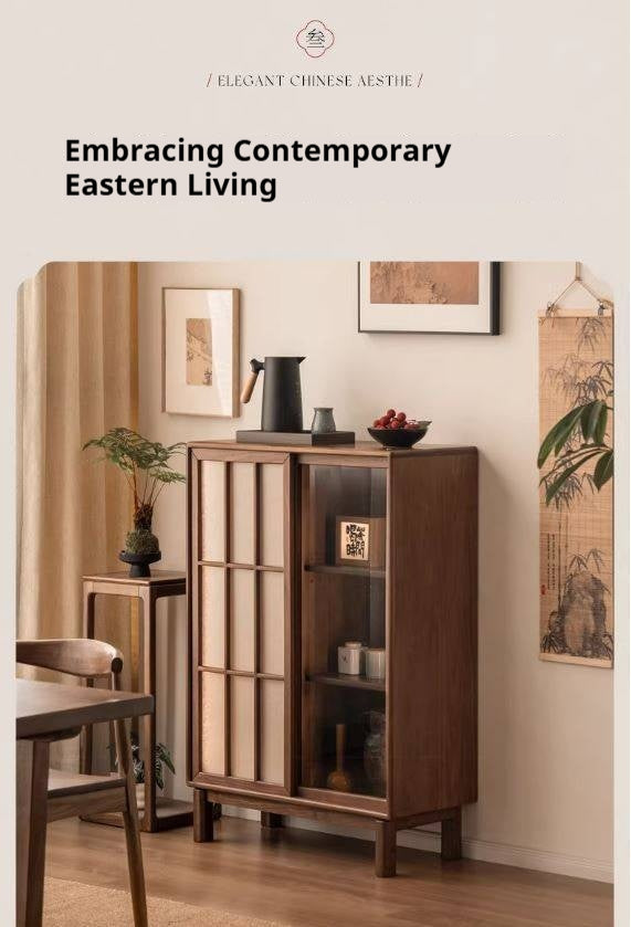 Black Walnut Solid Wood Sliding Door Side Cabinet