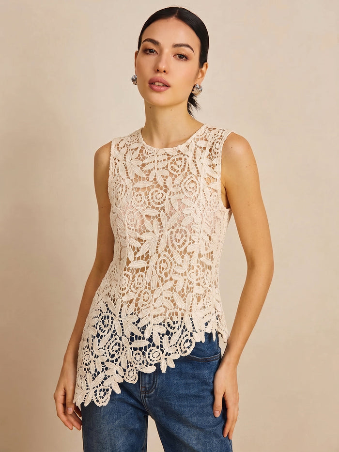 Asymmetric Crochet Lace Sleeveless Top