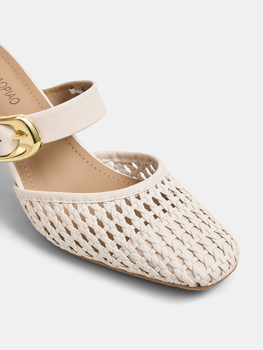 Buckle Strap Block Heel Woven Mules