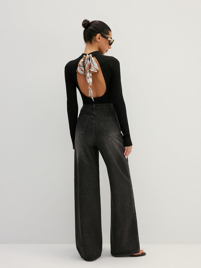 Back Cutout Printed Bow High Neck Top
