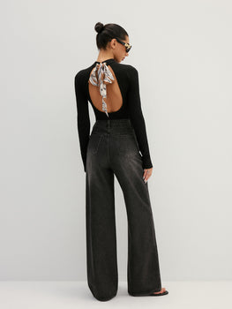 Back Cutout Printed Bow High Neck Top