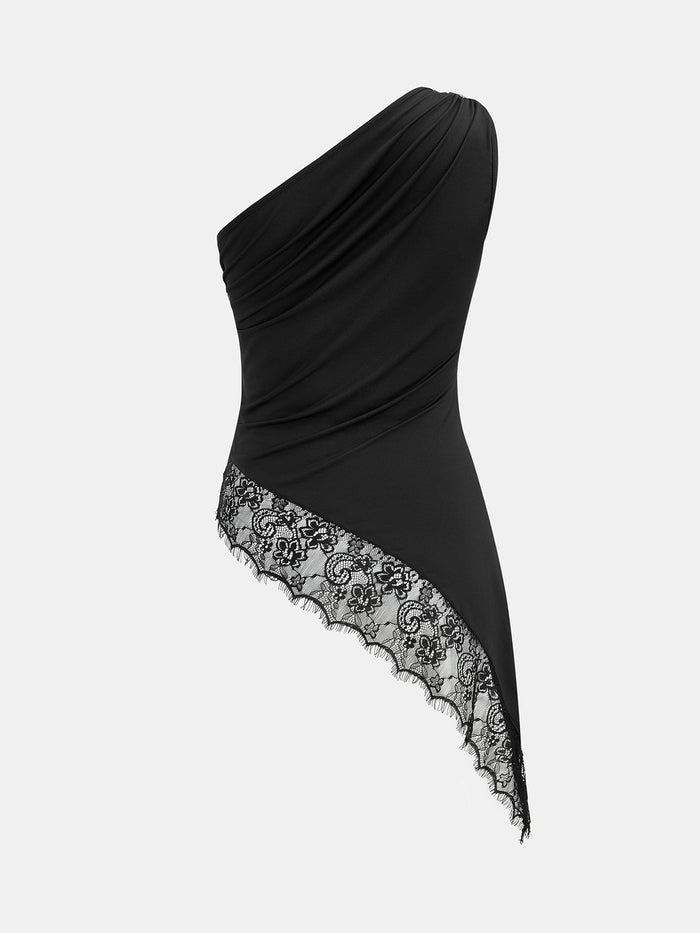 Asymmetric One Shoulder Lace Hem Top