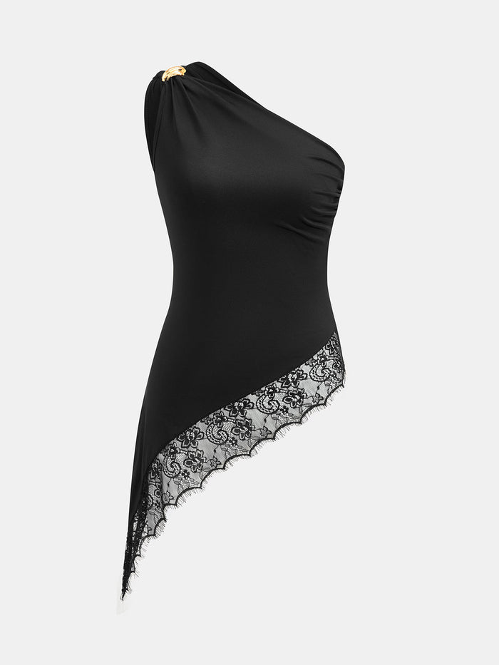 Asymmetric One Shoulder Lace Hem Top