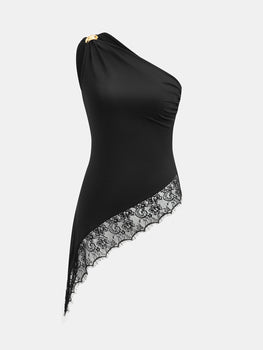 Asymmetric One Shoulder Lace Hem Top