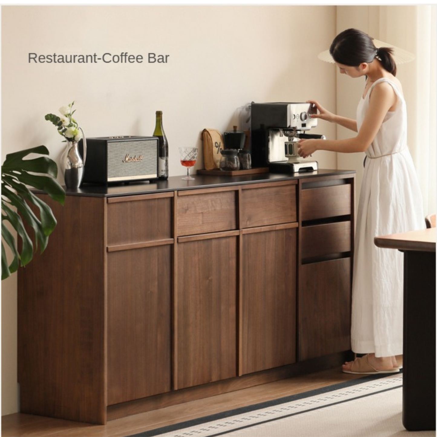 Black Walnut Solid Wood Sideboard with Slate Top, Storage Cabinet for Dining Room