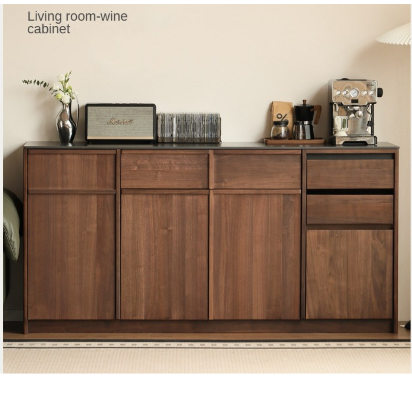 Black Walnut Solid Wood Sideboard with Slate Top, Storage Cabinet for Dining Room