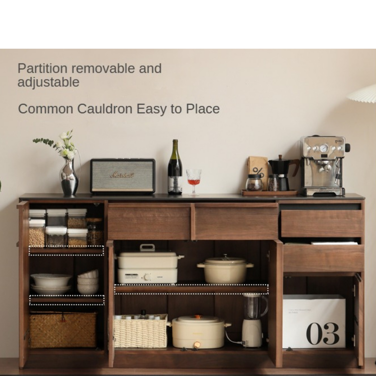 Black Walnut Solid Wood Sideboard with Slate Top, Storage Cabinet for Dining Room