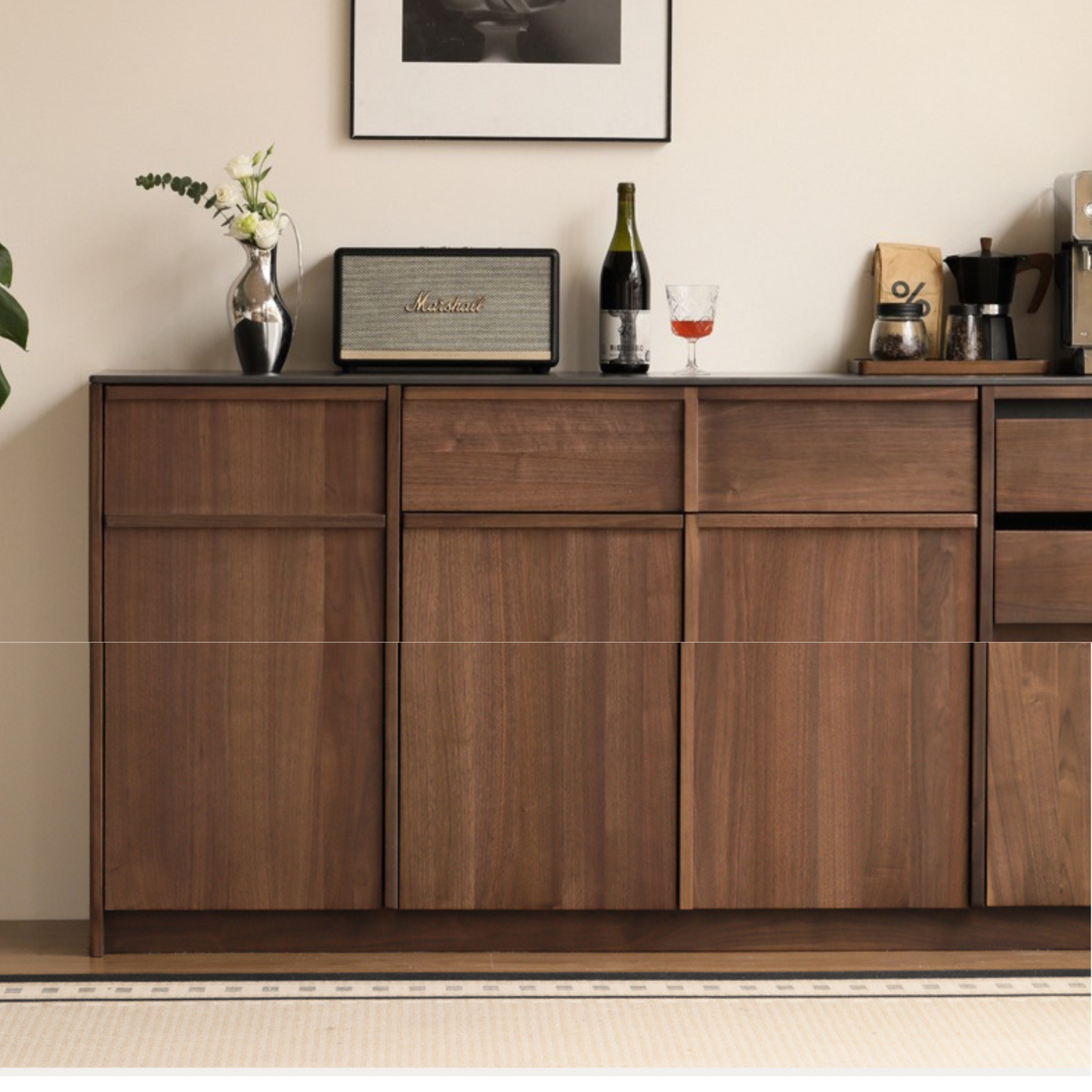 Black Walnut Solid Wood Sideboard with Slate Top, Storage Cabinet for Dining Room