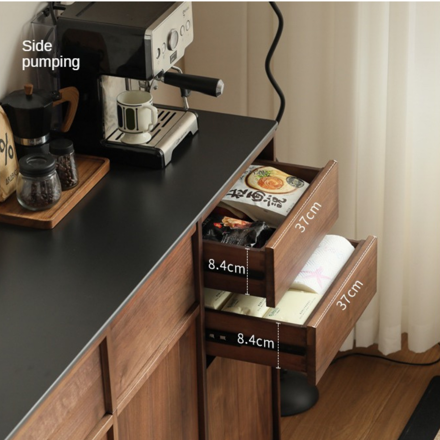 Black Walnut Solid Wood Sideboard with Slate Top, Storage Cabinet for Dining Room