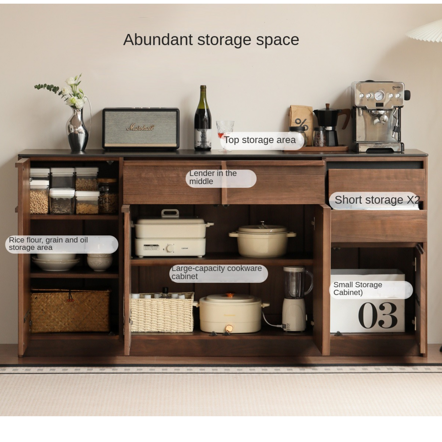 Black Walnut Solid Wood Sideboard with Slate Top, Storage Cabinet for Dining Room