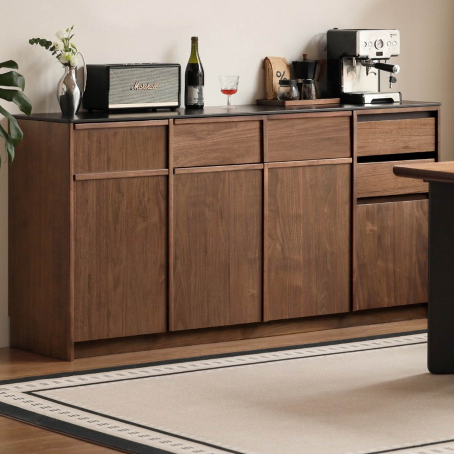 Black Walnut Solid Wood Sideboard with Slate Top, Storage Cabinet for Dining Room