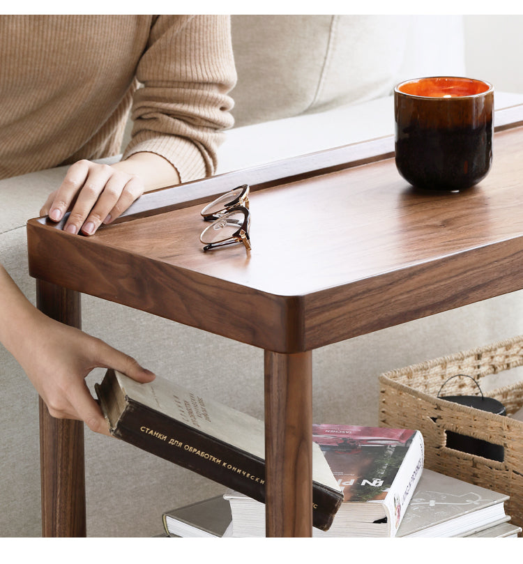 Black Walnut Solid Wood Side Table, Double Layer Storage Shelf