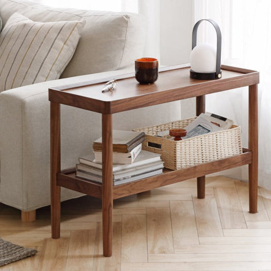 Black Walnut Solid Wood Side Table, Double Layer Storage Shelf