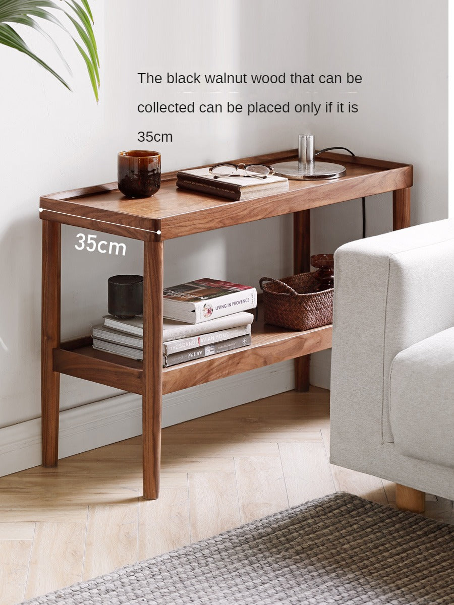 Black Walnut Solid Wood Side Table, Double Layer Storage Shelf